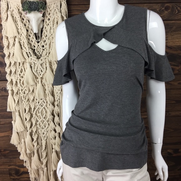 Candies | Keyhole Ruffle Cold Shoulder Ruched Rib - Picture 1 of 3